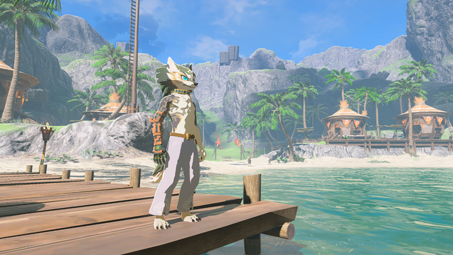 Wolf Link wearing no shirt and white pants standing on a pier with a beach in the background looking out to sea in landscape