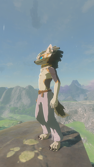Wolf Link wearing no shirt and white pants standing on a rock looking toward the left