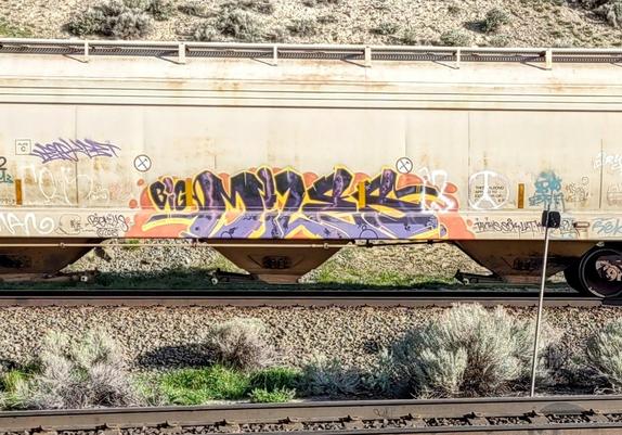 Train car with graffiti rolling through Kamloops BC Canada