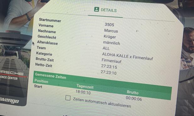 Screenshot der Zeitnahme. Meine persönlichen Daten und die Brutto-Laufzeit steht bei 27 Stunden und 23 Minuten.