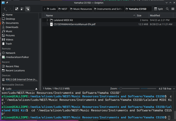 A Dolphin file finder window in KDE Plasma desktop environment. There's a terminal stuck to the bottom of the window that's conveniently located at the same spot in the file system as the GUI! Magic!