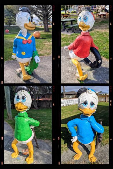 Collage of 4 photos of Disney kids playground character 'play on' statues: Donald with his nephews, Huey, Dewey, and Louie.