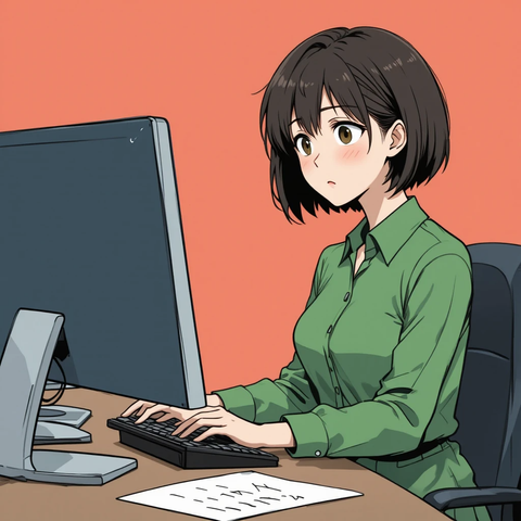 Ilustración de una mujer sentada frente a un computador, mirando con preocupación. Lleva una camisa verde y hay una hoja de papel sobre la mesa.