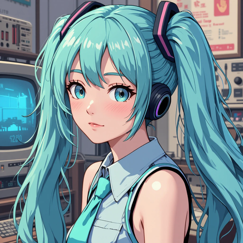 Ilustración de una joven con cabello largo y azul, usando auriculares y una camisa con corbata, con un fondo de equipo tecnológico y pantalla de computadora.