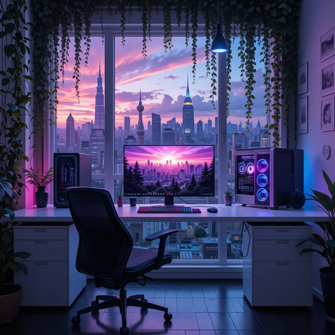 Escritorio moderno con un monitor grande frente a una ventana con vista a una ciudad durante el atardecer, decorado con plantas y luz ambiental.