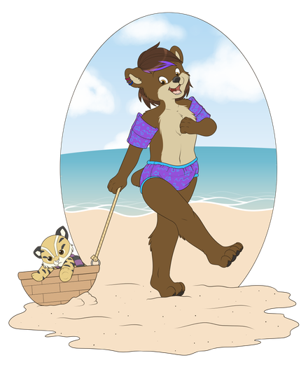 Sascha the little bearkitty, an anthro bear-lynx hybrid with a purple streak in his hair and some lynx features is happily walking around the beach.
He pulling a little wodden boat behin him on a string. Sammy, his lynx plushie friend, is sitting in the boat, looking very unhappy with the situation. he doesn't like water, especially sea water and it seems Sascha is draggin him to the water to swim with him.
Sascha himself is wearing a purple swim diaper with sea creatures and purple floaties of the same design