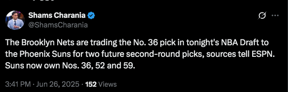 The Brooklyn Nets traded their 36th pick to The Suns