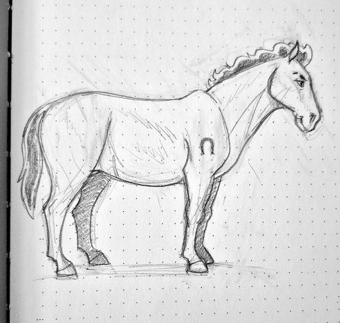 A pencil sketch drawing of Angelo as a feral American Quarter Horse with a curly mohawk mane, eyebrow slit and horseshoe tattoo on his upper front leg.