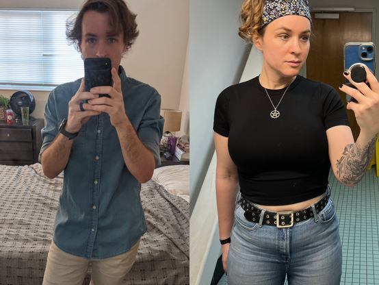 A transition timeline. 

Left: Me presenting more masc, show brown hair, a blue button down top, khaki shorts.

Right: Me now, presenting more femme, black top, jeans.