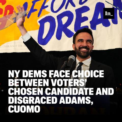 A photo of NYC mayoral candidate Zohran Mamdani at his election night party on June 24, 2025, in Long Island City, Queens, overlaid with the headline, "N.Y. Dems Face Choice Between Voters’ Chosen Candidate and Disgraced Adams, Cuomo."
