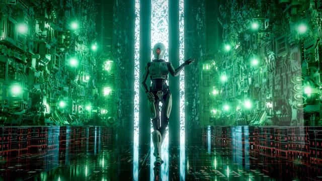 Description by LocalLLM: The image depicts a sleek, humanoid robot walking confidently down a highly futuristic corridor. The robot has a smooth, white exterior with black mechanical joints and a prominent red eye or sensor in the center of its face. One of its arms is raised, as if gesturing or presenting something.

The corridor around the robot is visually overwhelming — dense with intricate machinery and geometric patterns covering the walls. Green lights glow intensely from embedded fixtures, casting an eerie, technological luminescence throughout the space. Behind the robot, vertical panels of white light create a dramatic, almost holy backdrop, adding to the robot's imposing and enigmatic presence.

The floor is reflective, mirroring the robot and the glowing environment, enhancing the high-tech, almost alien atmosphere. The scene feels like a mix between a data fortress and a mechanical temple — a place where artificial intelligence reigns supreme.
