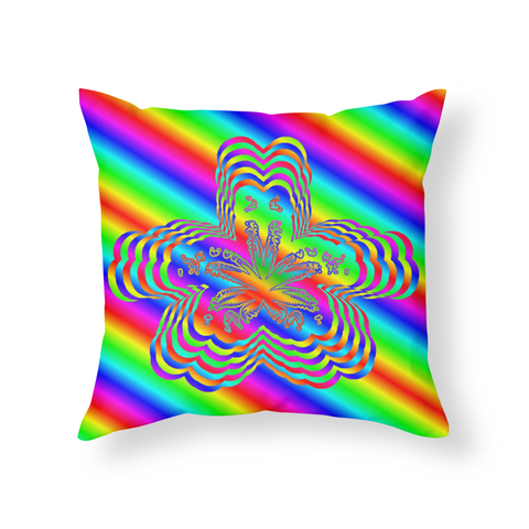 A throw pillow with rainbow psychedelic cannabis leaf art in a flower shape with diagonal rainbow stripes in the background.