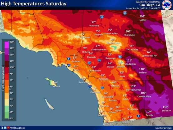 For the coastal areas: 73 to 80, western valleys and inland Orange County: 81 to 87, inland valleys: 85 to 96, mountains between 4000 ft and 7000 ft: 78 to 89, high desert: 94 to 99, low desert: 106 to 109.