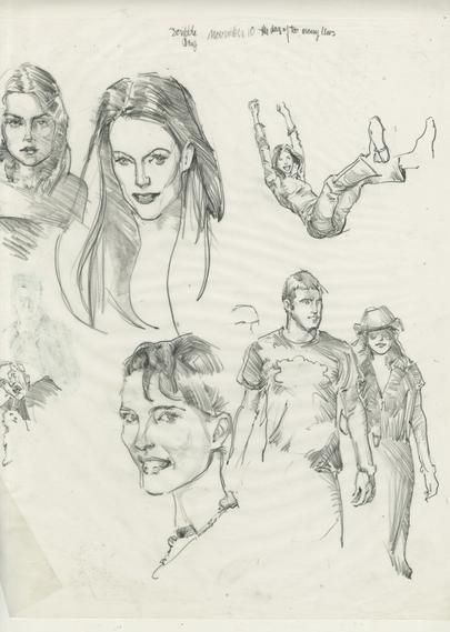 Various rough pencil sketches, julianne moore, and unknowns, faces, and a couple walking and a woman falling, copied from a stock shot.