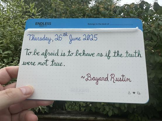A pen quote of Bayard Rustin that reads, “To be afraid is to behave as if the truth were not true.”

Written using Pilot Iroshizuku Kon-Peki, Wearingeul The Brothers Karamazov & Diamine Writers Blood.