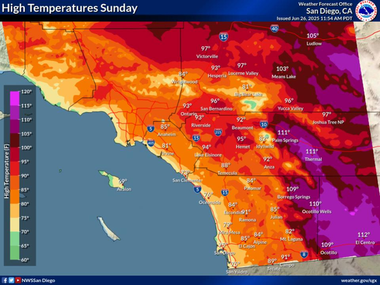 For the coastal areas: 61 to 63, western valleys and inland Orange County: 60 to 63, inland valleys: 61 to 65, mountains between 4000 ft and 7000 ft: 55 to 69, high desert: 63 to 71, low desert: 78 to 85.