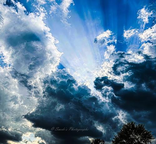 "This image captures a breathtaking performance in the sky—an interplay of shadow, light, and air that feels both mighty and serene. The heavens are filled with billowing clouds, some dense and dark like rising smoke, others feathered and glowing as if lit from within. Rays of sunlight break dramatically through the gaps, forming luminous beams that stretch diagonally like celestial spotlights across the canvas of blue. The effect is ethereal—as if the sky itself is lifting a curtain, revealing something divine beyond. Below this grandeur, a line of treetops stands in silhouette, their jagged forms gently anchoring the sky’s drama to the earth. The photo is signed at the bottom center with “© Swede's Photographs,” a subtle touch that lets the majesty of the moment take center stage." - Copilot