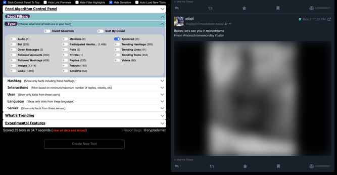 screenshot of fedialgo showing an image post from the mastobate.social server has been blurred out