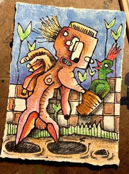 Zeichnung mit Buntstift, Filzstift und Pigmentliner; DINA6; Hochformat; zeigt  eine menschenähnliche Figur mit Tendenz zur Verwurmung und stark übertriebenen Gesichtszügen mit skeptischem Blick hält einen Blumentopf in dem sich ein grünen, roter Papageienählicher Vogel befindet; der Hintergrund zeigt stilisierte Pflanzen und eine Art Backsteinmauer; auf dem Boden befindet sich drei unterschiedlich große Löcher;