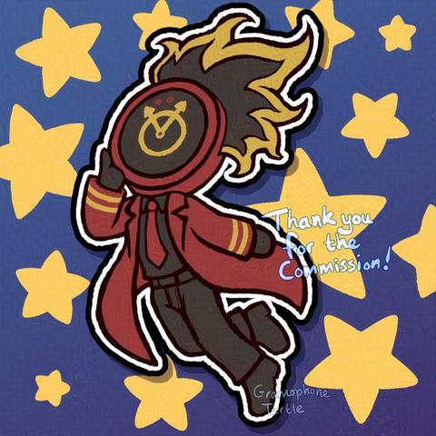 Digital art of a chibi paper like cut out of Dante from Limbus Company. They are looking up and to the left with one hand raised to their clock head. The background is a dark blue gradient with yellow stars.