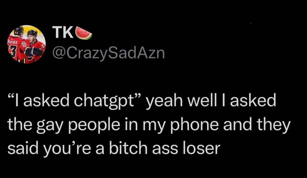 "i asked chatgpt" yeah well i asked the gay people in my phone and they said you're a bitch ass loser.