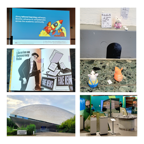 Eindrücke (Collage): Folien von KI, Demokratie; Mäuse-Miniaturkunst, Kongressparty