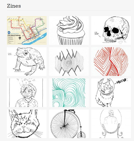 a grid of zine covers. abstract art. animal illustrations. a skull. an old time bike. a portrait. a cupcake. a transit map