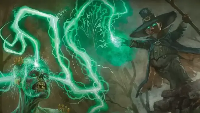 New D&D 2025 artwork featuring a gnome Warlock casting an eldritch blast against a zombie.