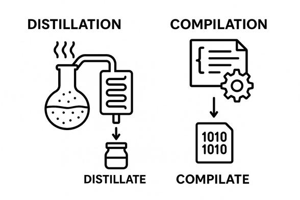 A black-and-white schematic diagram comparing distillation and compilation. On the left, a flask heats liquid leading through a condenser to a container labeled “distillate.” On the right, code flows through gears and outputs a file labeled “compilate,” humorously mimicking the distillation process.