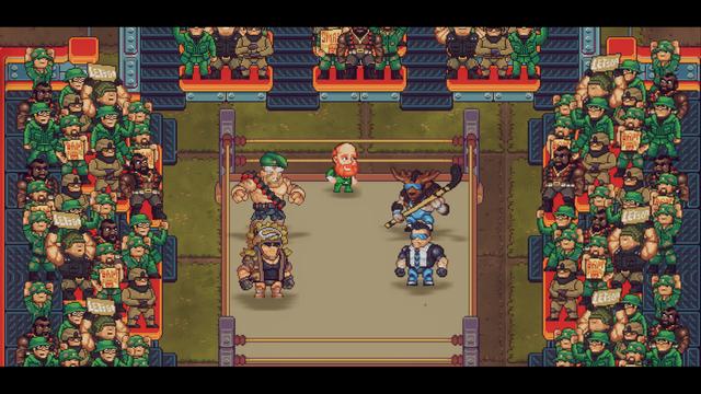In a pixelated arena, four wrestlers face each other. The central figure is a muscular man in blue trunks with white gloves and boots, performing a high kick on the opponent to his left. To his right stands another man in brown trunks and boots, ready for action. Both characters are surrounded by a crowd of spectators in green hats who watch the match with anticipation. The background features advertisements and promotional banners, suggesting the event is a professional wrestling match.