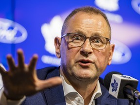 Brad Treliving gestures while speaking