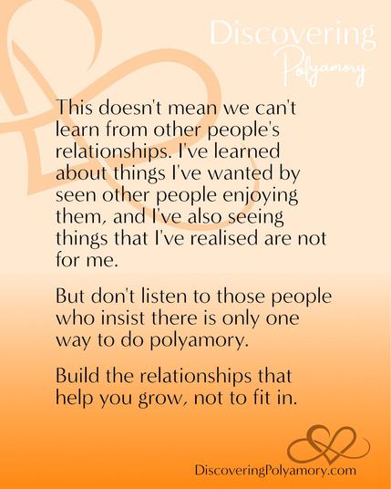 This doesn't mean we can't learn from other people's relationships. I've learned about things I've wanted by seeing other people enjoying them, and I've also seen things that I've realised are not for me. 
But don't listen to those people who insist there is only one way to do polyamory. 
Build the relationships that help you grow, not to fit in. 