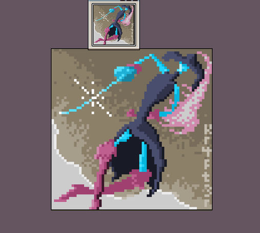 64x64 pixel art of what hopefully looks like an elegant fencer in the sky with a heavy, dusty cloud in the background. The fencer has blue skin, is in a fighting pose, and is equipped similar to a musketeer but the cut looks more like a modern dress with long neck and no sleeves.
