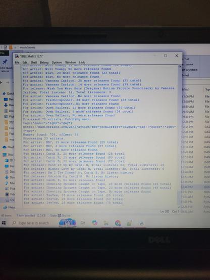 A picture of a Python Shell console. Progress messages mention artists tagged as queer, and releases found. Some of the releases show number of listens and listeners.