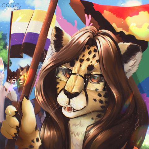 Digital bust of Shetani the king cheetah waving a flag with the progress pride design formed out of animal silhouettes. The background is a city setting with nondescript other furries holding their own pride flags.