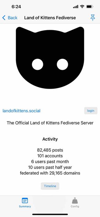 screenshot of an instance description with a timeline button 

Begin detected text:

6:24< BackLand of Kittens Fediverselandofkittens.socialloginThe Official Land of Kittens Fediverse ServerActivity82,485 posts101 accounts6 users past month10 users past half yearfederated with 29,165 domainsTimelineSummaryConfig

End of detected text