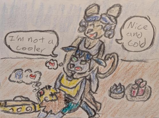 Color pencil drawing of Grace, an anthro Glaceon woman, trapped between her partners, grumbling "I'm not a cooler.". Above her, Jas, an anthro mouse woman, rests her breasts on her girlfriend's head and says "Nice and cold." Vincent, an anthro leopard man, rests his head in Grace's lap. They have a bowl of fruit and drinks nearby.