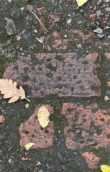 Surrounded by dead leaves, an old terracotta-coloured but mud-speckled clay brick is lying deeply embedded in the ground. The brick bears the partially obscured stamp of the manufacturer and their location appears to be NEWLANDS in GLASGOW