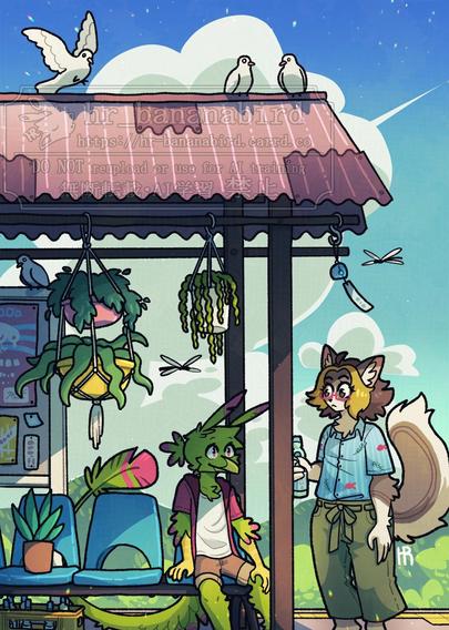 Digital art of a green and pink feathered anthropomorphic bird, and a white and brown furred anthropomorphic cat, at an old train station repurposed in to a hideout with several potted plants and bottled soda. The bird is sitting down on one of the blue plastic seats, while the cat is standing with a bottle of soda in their hand. There are white doves on the station roof and dragonflies flying around, while behind them is a blue sunny summer sky with huge white clouds, and green countryside mountains.