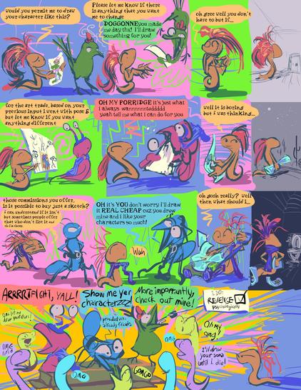 comic strip in which a pitiful snake like creature gets offered character drawings by artist folk who then abruptly leave and try to pull more people toward their personal brands or something