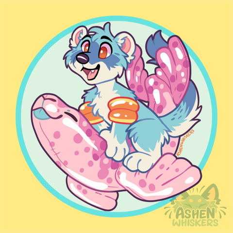 a blue stoat kid with orange swim wings excitedly astride a happy pink seal inflatable pool toy