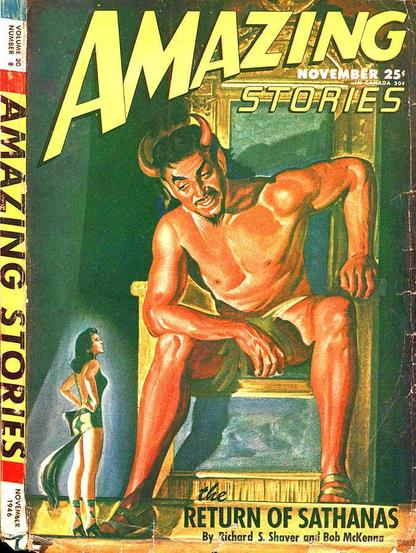 A giant demon figure, red-skinned, horned and with pointed beard and eyebrows, leans down from a throne to address a woman in revealing green clothing with a tail attached. His expression is gloating and her body language makes her seem angry.
Amazing Stories magazine cover from 1946.