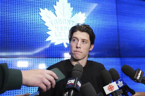Toronto Maple Leafs forward Mitch Marner speaks to the media during an end-of-season NHL hockey ...