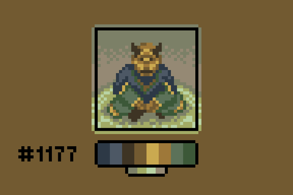 Pixel art of a Khajit merchant sitting cross-legged on a circular rug.