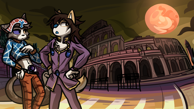 Digital illustration. An anthropomorphic dog and a cat dressed as characters from the anime "Jojo's Bizarre Adventures" stand in front of the colosseum, looking at the moon at night.