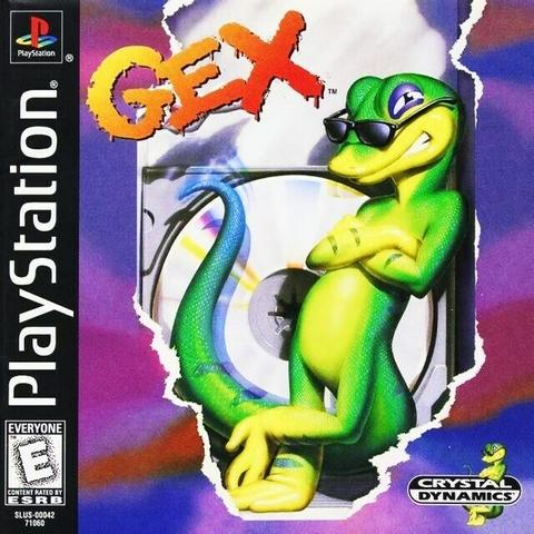Cover of GEX for PlayStation showing the titular green/yellow gecko in a cool guy pose with sunglasses on