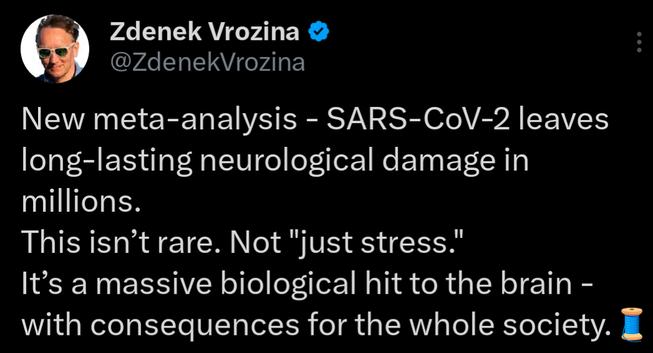 New meta-analysis - SARS-CoV-2 leaves long-lasting neurological damage in millions.
This isn’t rare. Not "just stress."
It’s a massive biological hit to the brain - with consequences for the whole society.🧵