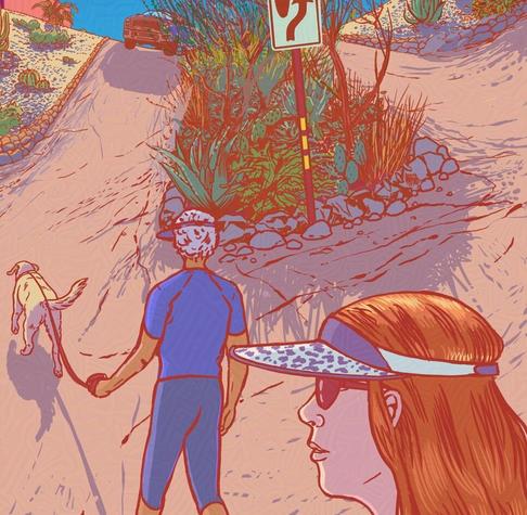 A road, divided by plants and trees, with a 'divided highway' sign in front of it. A woman, seen from the back, is walking her dog. In the foreground on the right,  a woman in profile, wearing sunglasses and a visor. At the top of the image, there's a car, gardens and two houses.