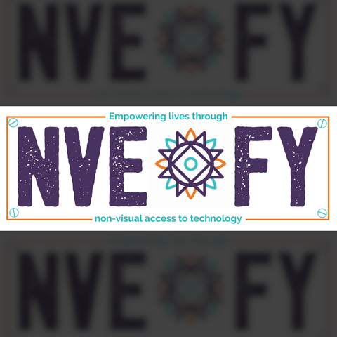 Image which looks like a numberplate with the text "NVEOFY" in purple where the O is the NV Access sunburst logo.  Outline in orange with "Empowering lives through" above and "non-visual access to technology" below.  Dark, blurry shadows of the entire design above and below to make a square image overall