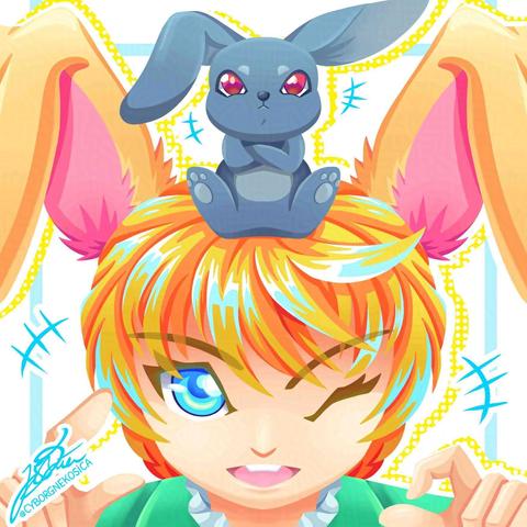 Lyle, my OC, he's a kemonomimi rabbit boy with blond hair, blue eyes, and have rabbit ears instead of human ears. Above his head, there's naughty black rabbit sitting smugly